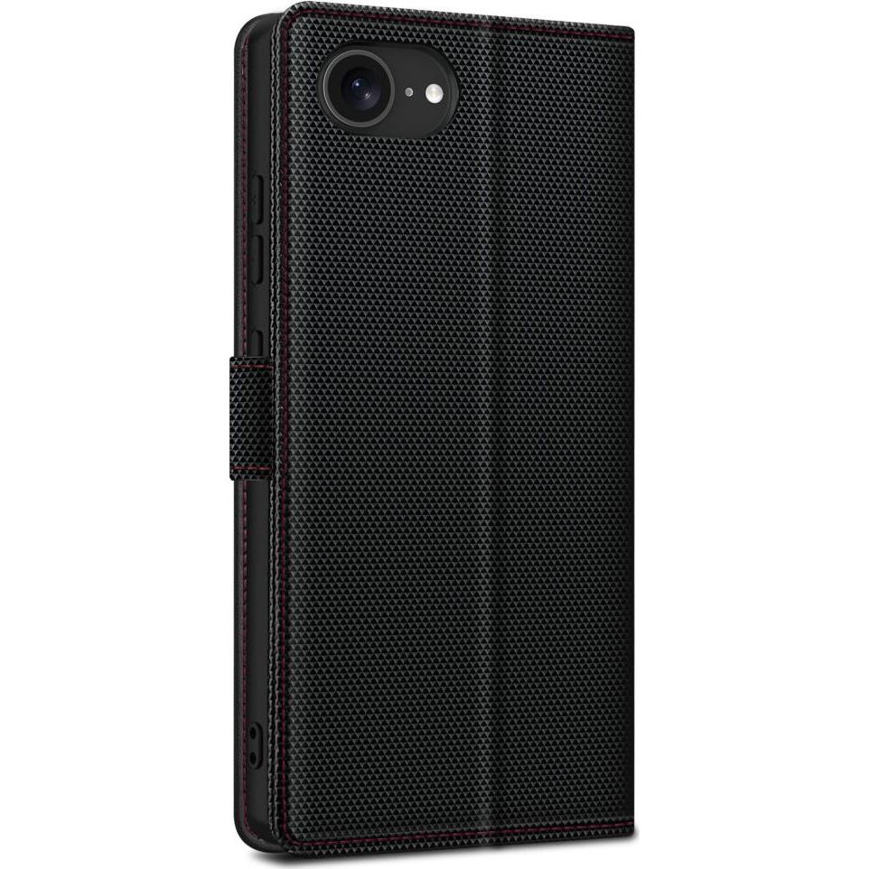 Etui z klapką Tech-Protect Wallet RS do iPhone 16e, czarne z czerwonym przeszyciem. Funkcja podstawki, oglądanie filmów, komfortowy tryb poziomy, wolne ręce, bez trzymania